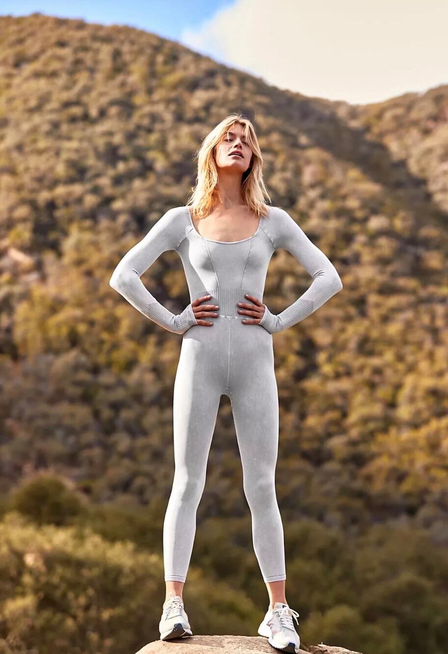 Free People Movement Good Karma Long-Sleeve Jumpsuit in Ice Grey Size M/L